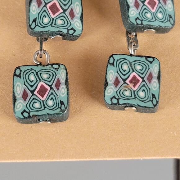 Handmade Polymer Clay Dangle Earrings Teal Pink Black Geometric Pattern Pierced - Picture 5 of 12